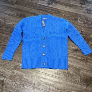 NWT J Crew Chunky Knit Cardigan Sweater Womens Small Blue Wool Waterfall Preppy